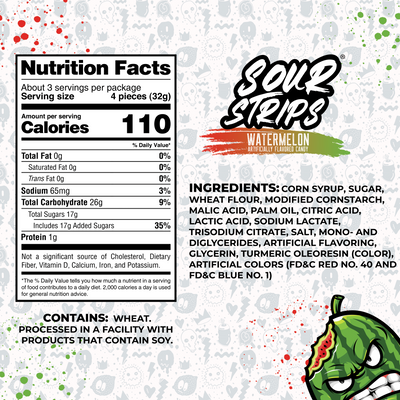 A candy package labeled "Watermelon-Six Pack" from the SourStrips brand in a resealable bag. The nutrition facts list a serving size of 4 pieces (32g), 110 calories per serving, 0g total fat, 26g carbs, 17g added sugars, and 1g protein. Ingredients include corn syrup, sugar, and various acids and colorings. The package features an extremely vibrant design.