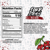 An image of a resealable bag for "Wild Cherry-Six Pack" from the brand SourStrips. The design includes an ingredient list, nutrition facts, and warnings about potential allergens. The background is decorated with red splatters and features cartoon cherries with angry expressions.