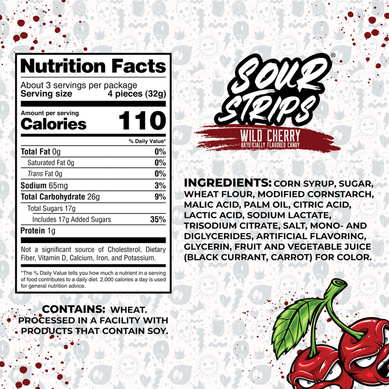 An image of a resealable bag for "Wild Cherry-Six Pack" from the brand SourStrips. The design includes an ingredient list, nutrition facts, and warnings about potential allergens. The background is decorated with red splatters and features cartoon cherries with angry expressions.