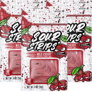 Six resealable bags of Sour Strips Wild Cherry-Six Pack candy are shown. The packaging features cartoon cherries with angry expressions. Each bag contains 3.4 ounces (96g) of artificially flavored candy, with a label indicating it has 110 calories per serving.