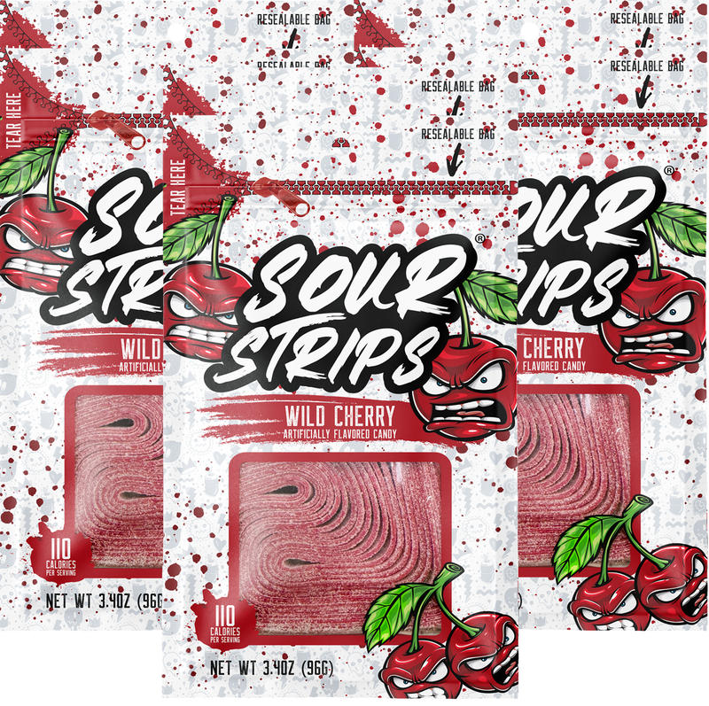 Six resealable bags of Sour Strips Wild Cherry-Six Pack candy are shown. The packaging features cartoon cherries with angry expressions. Each bag contains 3.4 ounces (96g) of artificially flavored candy, with a label indicating it has 110 calories per serving.
