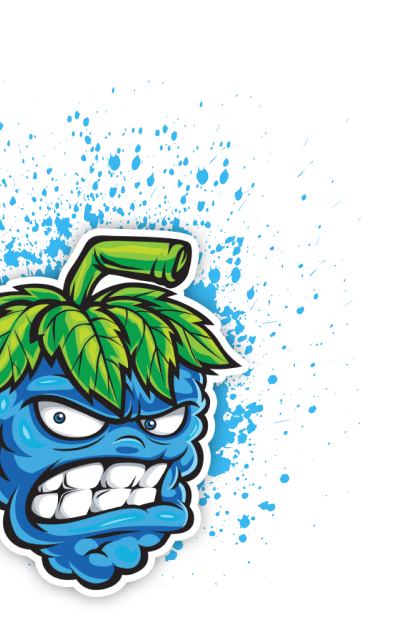 A stylized blue berry cartoon with angry facial features and clenched teeth. The berry has green leaves on top and a background of blue paint splatters surrounding it.