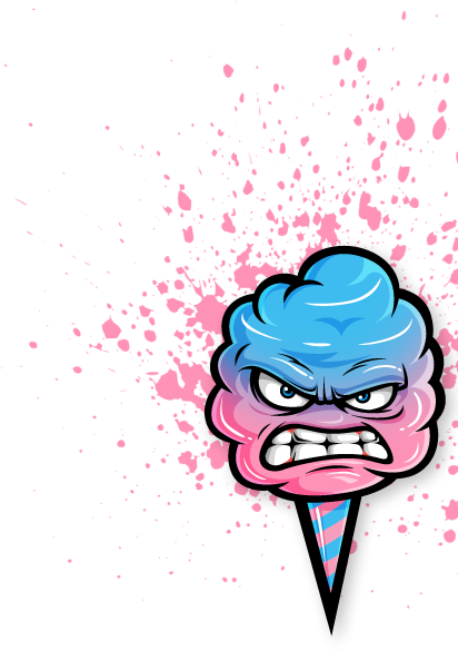 Illustration of an angry cotton candy cone with a splattered background. The cotton candy has swirls of pink and blue, expressive eyes, widely arched eyebrows, and a snarling mouth, with pink splatters radiating outward.
