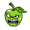 A green apple with a leaf on its stem is depicted with an angry expression. Its eyes are narrowed and its mouth is open, showing teeth, giving it a fierce and intense look. The black background makes the vibrant green of the apple stand out.