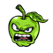 A green apple with a leaf on its stem is depicted with an angry expression. Its eyes are narrowed and its mouth is open, showing teeth, giving it a fierce and intense look. The black background makes the vibrant green of the apple stand out.