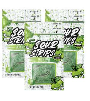 Image of three packages from the Green Apple-Six Pack by SourStrips, arranged in a row. Each package features a white background with green apple illustrations and the text "Sour Strips" prominently displayed. The weight is indicated as 3.4 oz (96g). Perfect for those who crave intensely sour delights!