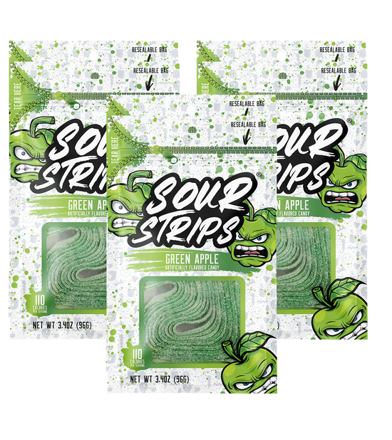 Image of three packages from the Green Apple-Six Pack by SourStrips, arranged in a row. Each package features a white background with green apple illustrations and the text "Sour Strips" prominently displayed. The weight is indicated as 3.4 oz (96g). Perfect for those who crave intensely sour delights!