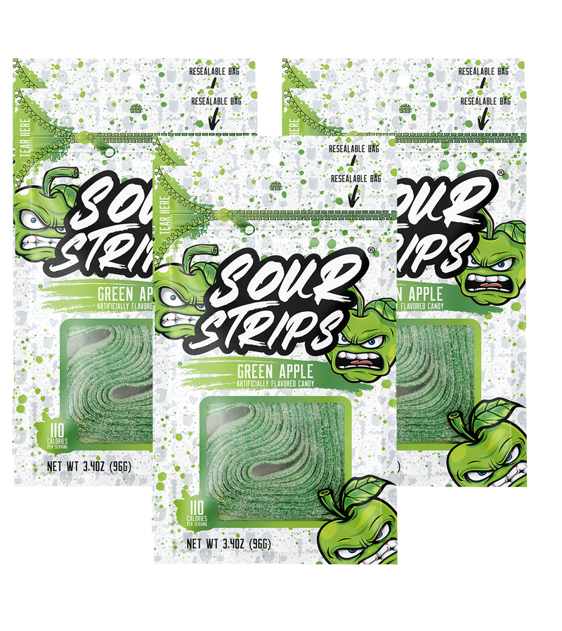 Image of three packages from the Green Apple-Six Pack by SourStrips, arranged in a row. Each package features a white background with green apple illustrations and the text "Sour Strips" prominently displayed. The weight is indicated as 3.4 oz (96g). Perfect for those who crave intensely sour delights!
