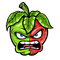 A cartoon apple with an angry expression, divided into two halves—one green and one red. It has fierce blue eyes and bared teeth, with a leafy stem on top. The green half is smooth, while the red half has sweat droplets.