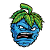 Cartoon of an aggressive-looking blue fruit, likely a berry, with an expressive face showing anger and a leafy green tuft on top resembling a hairstyle. The fruit has clenched teeth and bulging eyes against a solid black background.