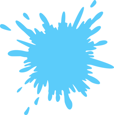 A large, bright blue paint splatter with irregular edges and drips extending outward, set against a white background. The splatter has various small offshoots and a central, more concentrated area of color.