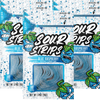Three bags of SourStrips Blue Raspberry-Six Pack candy, each weighing 3.4 ounces (96 grams). The vibrant design features a sour blue raspberry cartoon character on a speckled blue and white background. These extremely sour treats come in resealable bags for your convenience.