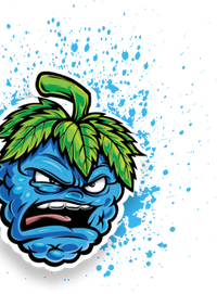 Illustration of an angry blue berry with a scowling face, leafy green hair, and a blue splattered background. The berry's exaggerated facial features and expression convey a sense of frustration or annoyance.