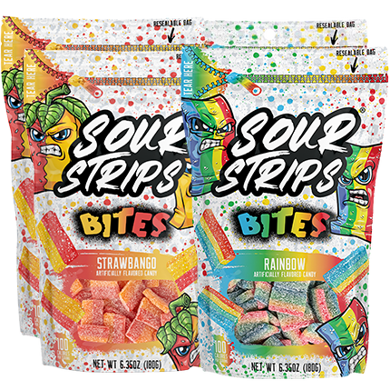 The Sour Strips Bites-Four Pack by Sour Strips includes two vibrant bags: "Strawbango" with red and orange strips, and "Rainbow," a colorful mix. Both packs display extremely sour animated fruit characters on their playful packaging.