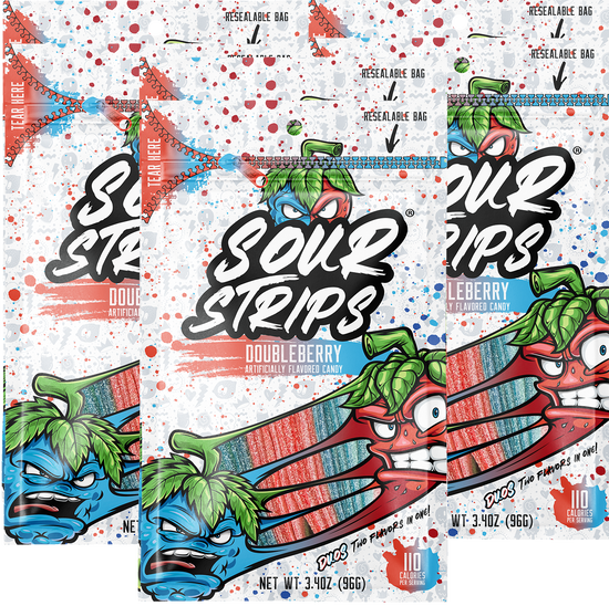 Three packs of SourStrips candy feature the "Doubleberry-Six Pack" flavor, with colorful, cartoonish artwork in a vibrant blue and red theme. Each resealable bag includes a nutritional label and promises an intensely sour experience.