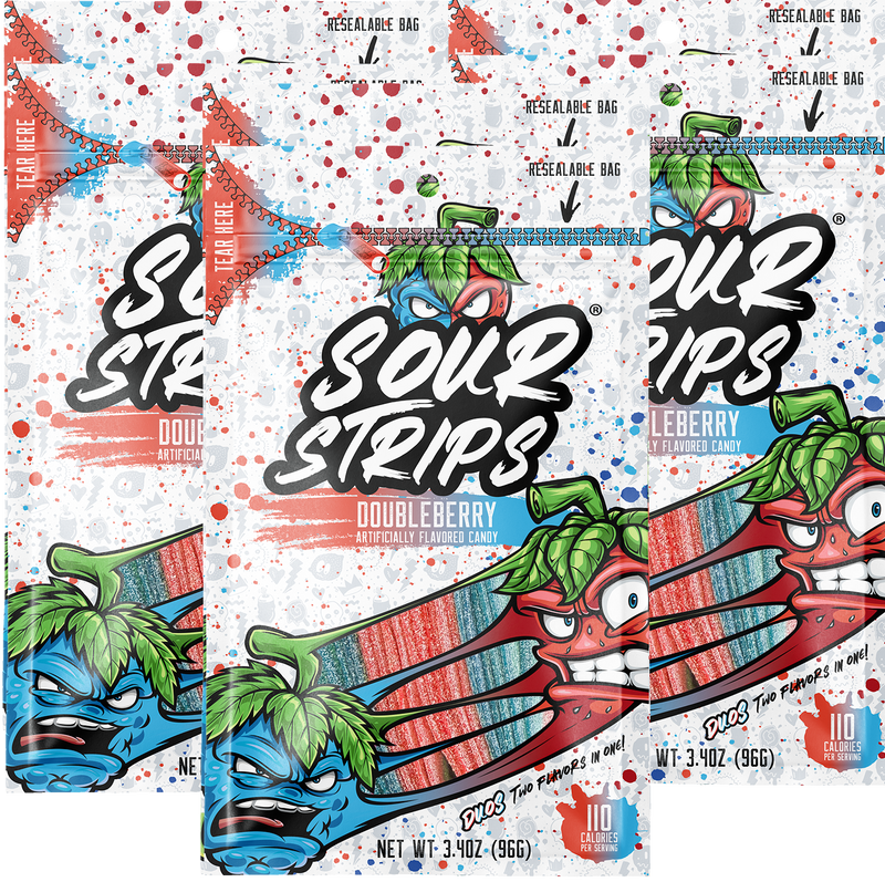 Three packs of SourStrips candy feature the "Doubleberry-Six Pack" flavor, with colorful, cartoonish artwork in a vibrant blue and red theme. Each resealable bag includes a nutritional label and promises an intensely sour experience.