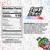 An ingredients and nutrition label for SourStrips Dreamberry-Six Pack candy, showing serving details, ingredients, nutrition facts, allergen info, and a cartoon sour berry with green leaf and puckered face—evoking cotton candy fun.