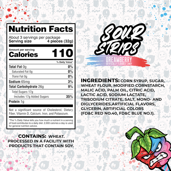 An ingredients and nutrition label for SourStrips Dreamberry-Six Pack candy, showing serving details, ingredients, nutrition facts, allergen info, and a cartoon sour berry with green leaf and puckered face—evoking cotton candy fun.