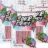 Three overlapping pink and blue Dreamberry-Six Pack bags by SourStrips, featuring bold text, colorful berry characters, and a clear window displaying striped sour duo flavor candy.