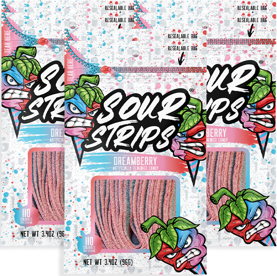Three overlapping pink and blue Dreamberry-Six Pack bags by SourStrips, featuring bold text, colorful berry characters, and a clear window displaying striped sour duo flavor candy.