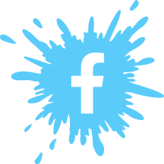 A blue paint splatter background with a white lowercase 'f' symbol in the center, representing the Facebook logo.