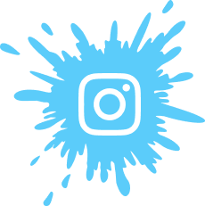A blue paint splatter background with a white Instagram icon in the center. The Instagram icon features a simple camera graphic with a small circle in the top-right corner.