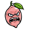 A stylized, angry-looking pink lemon with a green leaf on top sports an exaggerated frown, furrowed brows, and sharp teeth. The intense expression gives the fruit a fierce and confrontational appearance.