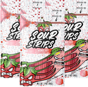The Lemonberry-Six Pack by SourStrips features six limited edition bags of Lemonberry candy, each displaying an animated angry lemon-berry character on a splashy backdrop. Every bag is labeled "Artificially Flavored Candy," includes nutritional info, and weighs 3.46 oz (96g).