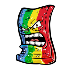 A colorful graffiti-style cartoon character with a fierce expression. It has large, angry eyes, a scowling mouth with protruding teeth, red tongue, and features a rainbow color palette with red, green, blue, and yellow segments.