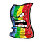 A colorful graffiti-style cartoon character with a fierce expression. It has large, angry eyes, a scowling mouth with protruding teeth, red tongue, and features a rainbow color palette with red, green, blue, and yellow segments.