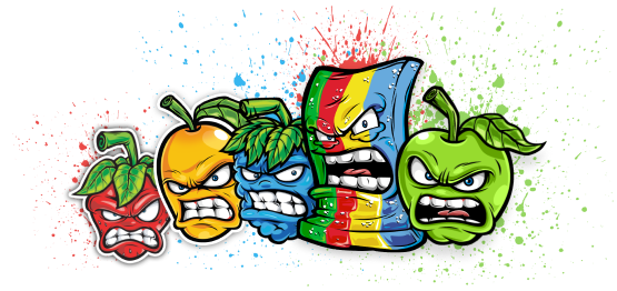 A colorful illustration of five angry fruit characters with facial expressions of rage. From left to right, there's a red strawberry, an orange, a blue blueberry with green hair, a multicolored striped candy, and a green apple, all set against a splatter paint background.