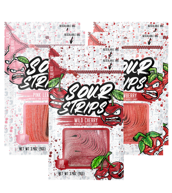 6 bags of assorted flavors of Sour Strips candy including Wild Cherry, Pink Lemonade, and strawberry, each weighing 3.4 ounces (96 grams). The vibrant design for each flavor mentioned, features a color cartoon character of that flavor on a speckled white and colored background that represents the flavor. These sour treats come in resealable bags for your convenience.