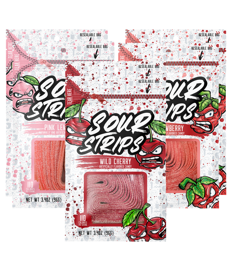 6 bags of assorted flavors of Sour Strips candy including Wild Cherry, Pink Lemonade, and strawberry, each weighing 3.4 ounces (96 grams). The vibrant design for each flavor mentioned, features a color cartoon character of that flavor on a speckled white and colored background that represents the flavor. These sour treats come in resealable bags for your convenience.