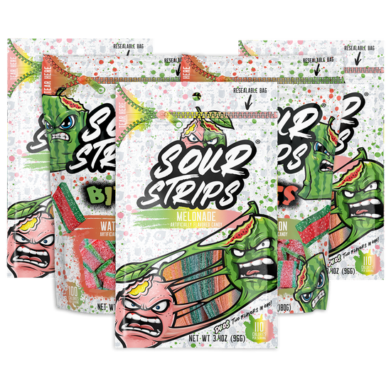 The SourStrips Summer Sampler Pack features five colorful candy bags with angry cartoon fruit faces and bright graphics on resealable packaging, showcasing the Melonade flavor in front.