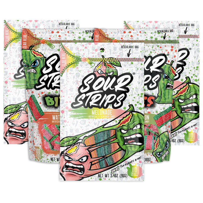 The SourStrips Summer Sampler Pack features five colorful candy bags with angry cartoon fruit faces and bright graphics on resealable packaging, showcasing the Melonade flavor in front.