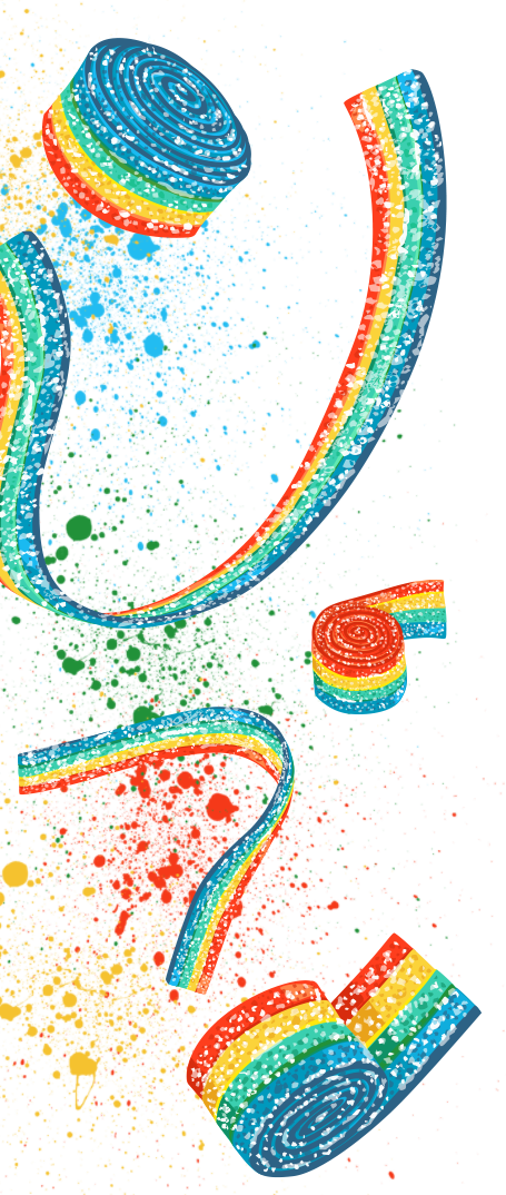 Illustration of colorful rainbow ribbon candy pieces scattered across a background of multicolored confetti-like particles. The candies have a sugar-coated, textured appearance with visible swirls of colors including red, yellow, green, and blue.