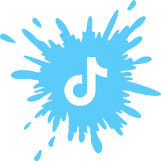 A blue splash of paint forms the backdrop for a white musical note icon, representing the TikTok logo.