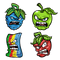 Four cartoon-styled angry fruits: a blue berry with green leaves, a green apple with a leaf, a multicolored striped candy, and a red strawberry with leaves. All have fierce expressions and veins popping on a black background.