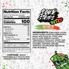 A nutrition label for Sour Strips Bites-Four Pack by Sour Strips shows 100 calories per serving with ingredients like corn syrup, sugar, and citric acid. An angry illustrated watermelon hints at the extremely sour Rainbow flavor.