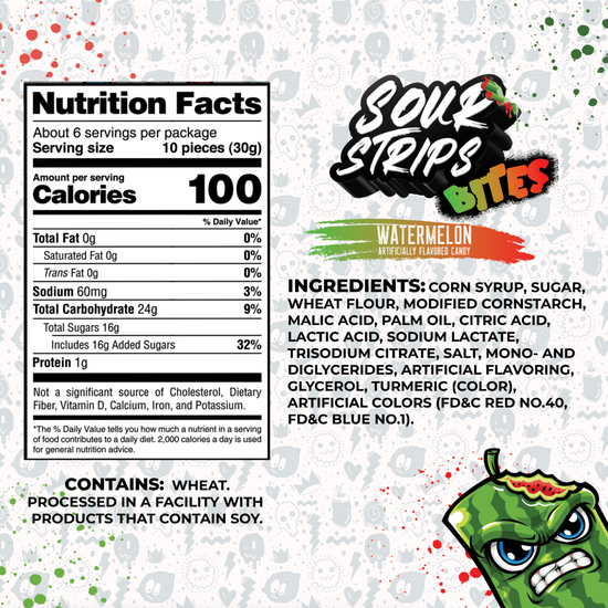 A nutrition label for Sour Strips Bites-Four Pack by Sour Strips shows 100 calories per serving with ingredients like corn syrup, sugar, and citric acid. An angry illustrated watermelon hints at the extremely sour Rainbow flavor.