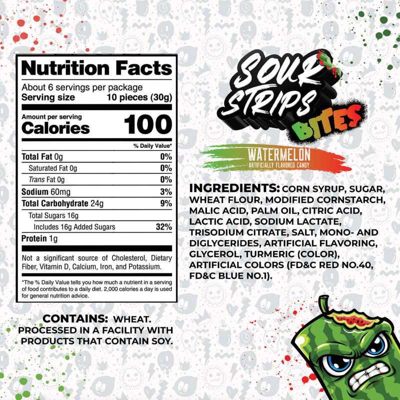 A nutrition label for Sour Strips Bites-Four Pack by Sour Strips shows 100 calories per serving with ingredients like corn syrup, sugar, and citric acid. An angry illustrated watermelon hints at the extremely sour Rainbow flavor.