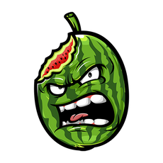 Illustration of an angry watermelon with a bite taken out of its top left side. The watermelon has furrowed brows, glaring eyes, and a mouth showing sharp teeth, expressing intense anger. The background is black.