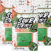 Image of three packages from the Watermelon-Six Pack by SourStrips, featuring watermelon-flavored candy. Each resealable bag showcases animated, angry-faced green watermelons and is adorned with colorful speckles. The net weight of each package is 3.4 oz (96 g), and the extremely sour candy can be seen through a clear window.