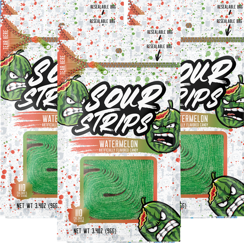 Image of three packages from the Watermelon-Six Pack by SourStrips, featuring watermelon-flavored candy. Each resealable bag showcases animated, angry-faced green watermelons and is adorned with colorful speckles. The net weight of each package is 3.4 oz (96 g), and the extremely sour candy can be seen through a clear window.