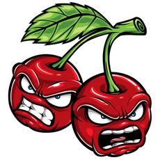 Illustration of two red cherries with angry faces. One cherry is slightly larger and has a prominent frown, while the other cherry displays clenched teeth. They share a green stem with two attached leaves. The background is black.