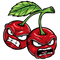 Illustration of two red cherries with angry faces. One cherry is slightly larger and has a prominent frown, while the other cherry displays clenched teeth. They share a green stem with two attached leaves. The background is black.
