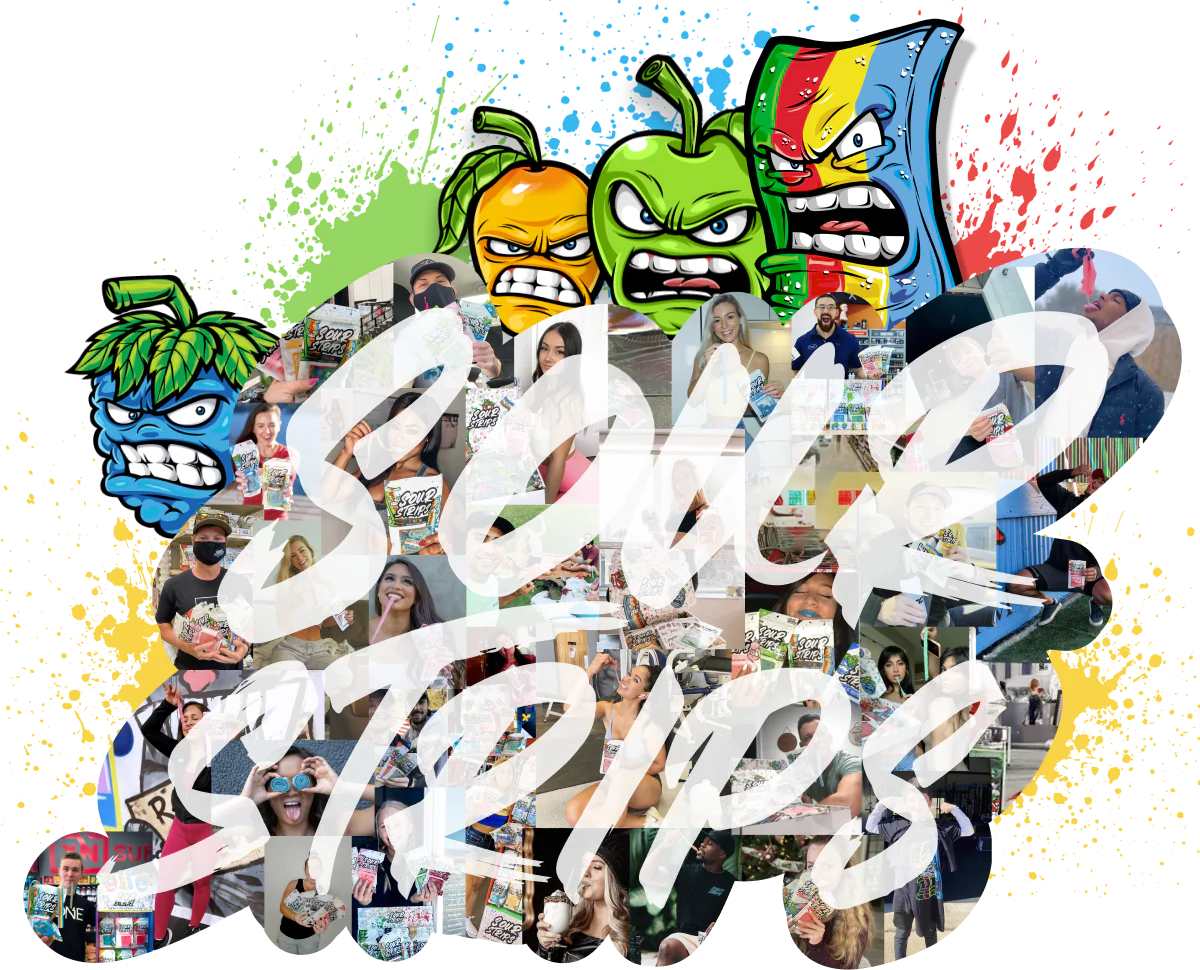 A vibrant collage shows cartoonishly angry, illustrated fruit characters at the top, splattering colorful juice. Below them, a mix of happy people holding candy is seen. Bold, white, stylized text in the center reads "SOUR STRIPS".